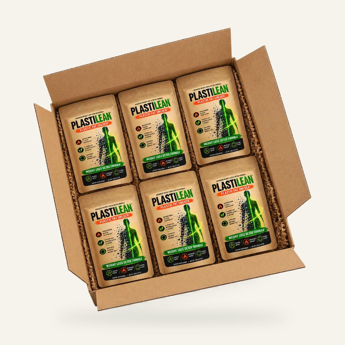 Six Plastilean pouches in the shipping box