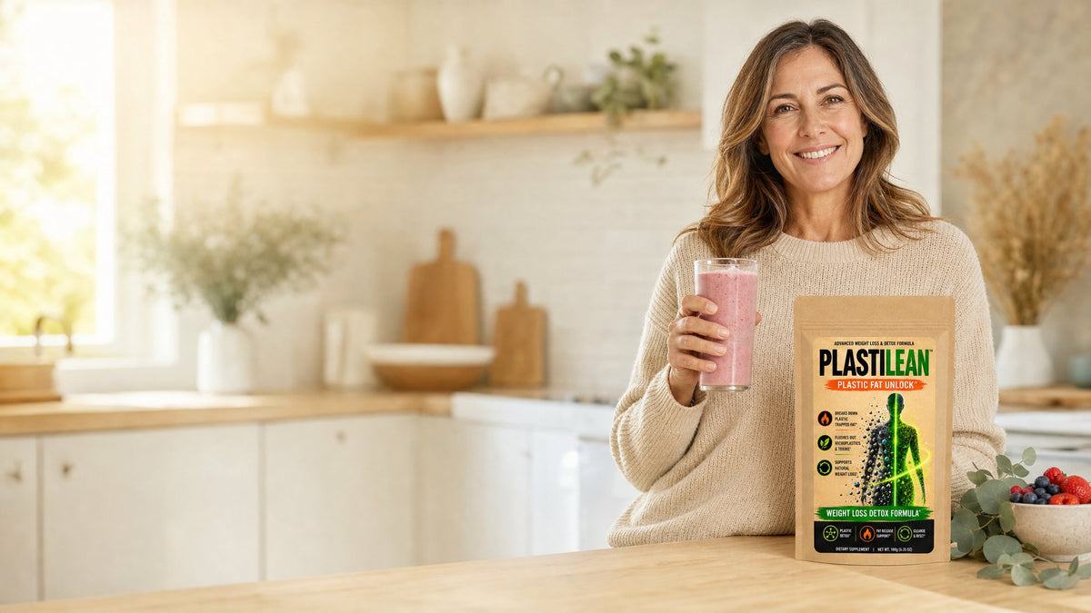 Smiling woman in a sunny kitchen with a glass of Plastilean and the pouch