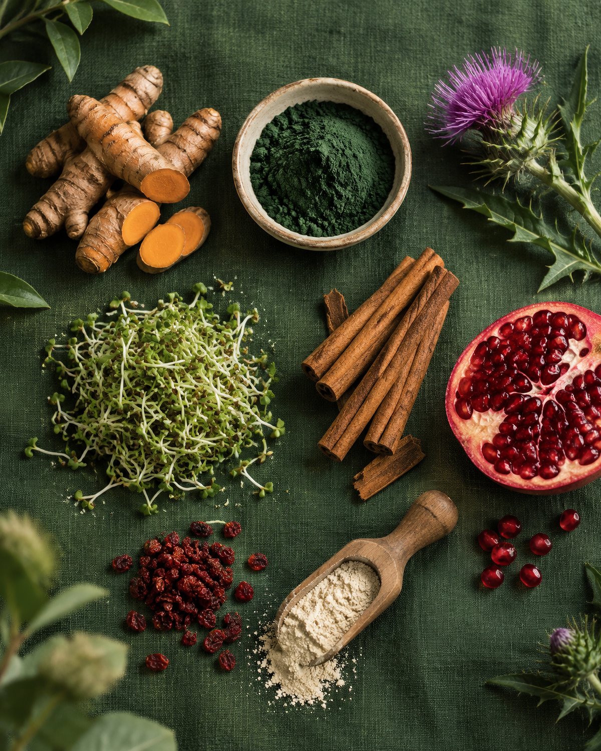 Natural ingredients: turmeric, chlorella, milk thistle, broccoli sprouts, cinnamon and pomegranate